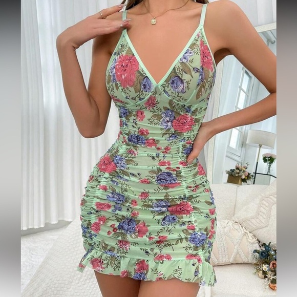 Floral Printed Ruffle Hem Cami Sleep Dress Pajama Dress PerfectSummer - Picture 3 of 4